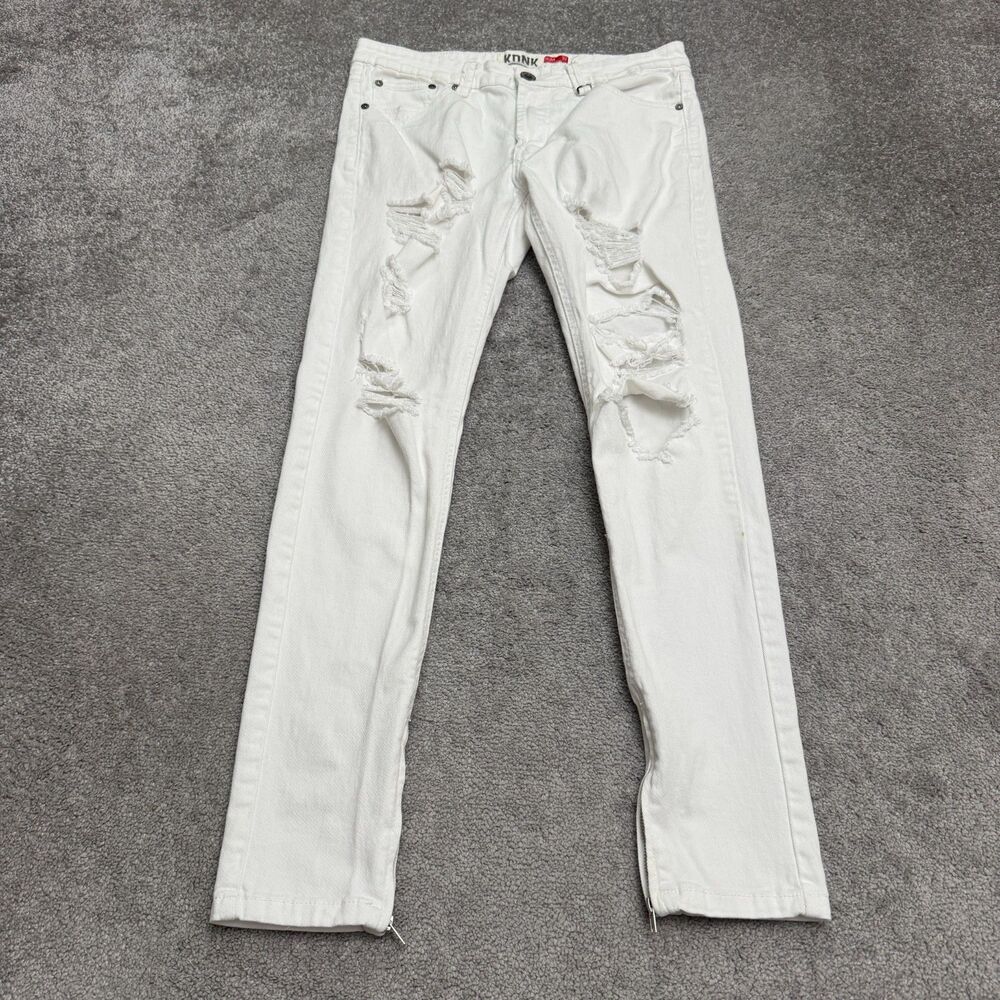 KDNK Distressed Slim Fit Skinny Denim Jeans Men 32 White Ankle Zip Cotton Casual